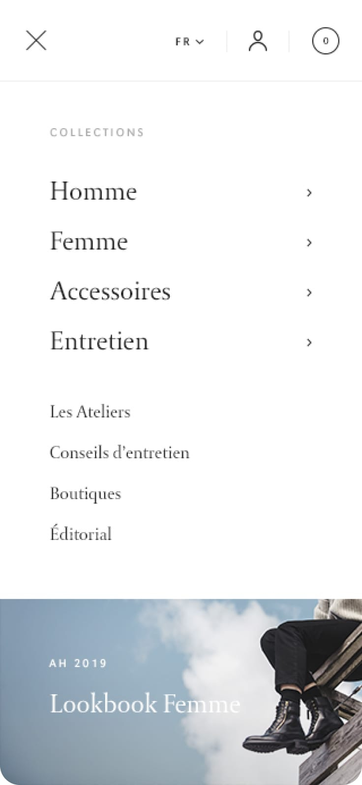 Menu ouvert en mobile sur Heschung